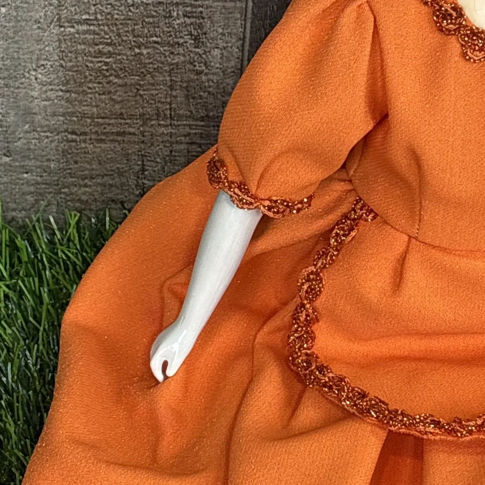 Vintage German Porcelain Doll‎ Orange Dress Hand Painted Face AS IS